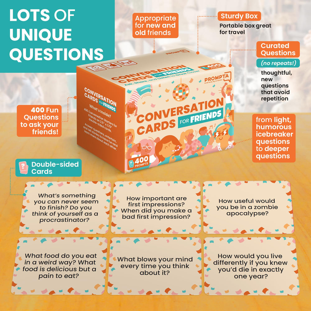 Prompta 400 Conversation Cards game-night scene invites instant interaction and storytelling