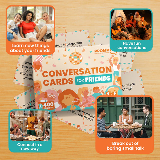 Prompta 400 Conversation Cards spread illustrating lively prompts for fun stories and connections