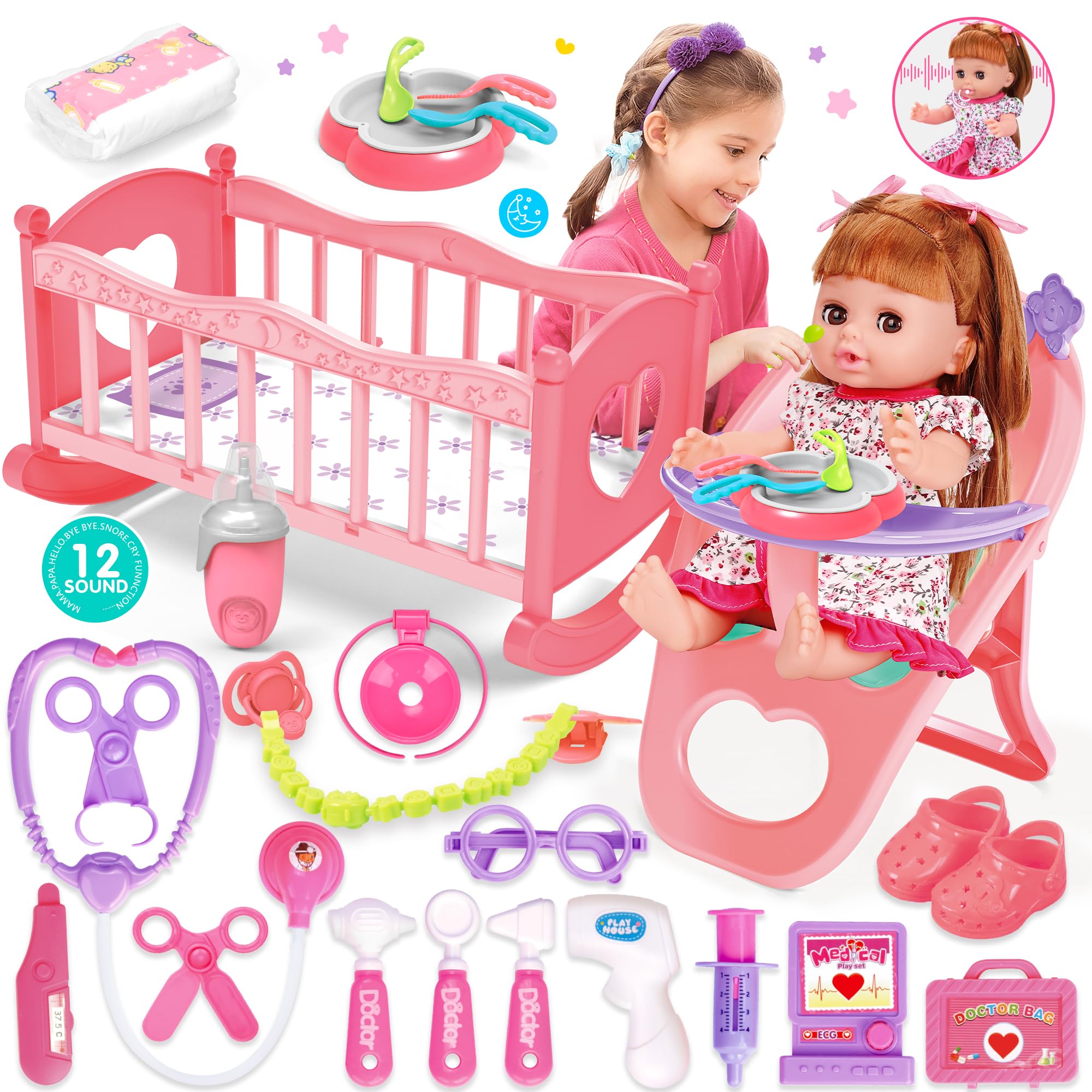 PROOU baby doll set with cradle promotes nurturing role-play for kids.