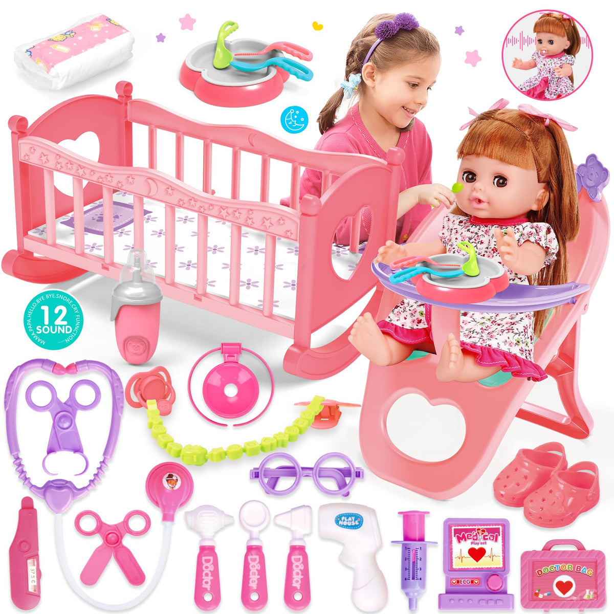 PROOU baby doll set with cradle promotes nurturing role-play for kids.
