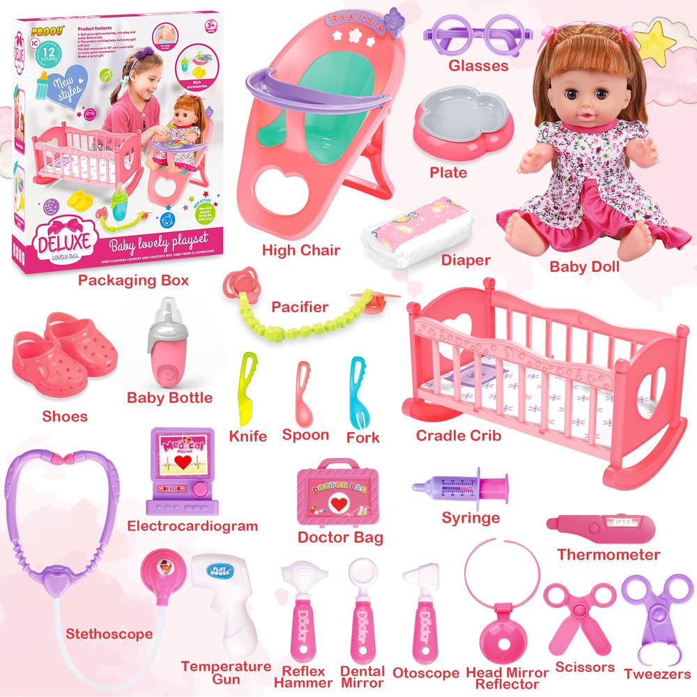 PROOU doll set with high chair supports realistic mealtime pretend play.