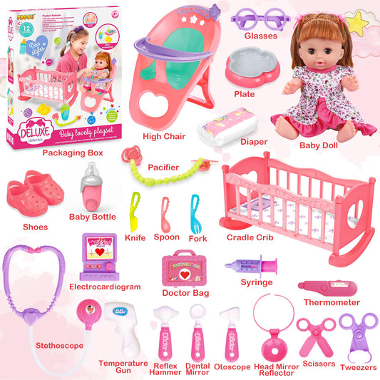 PROOU doll set with high chair supports realistic mealtime pretend play.