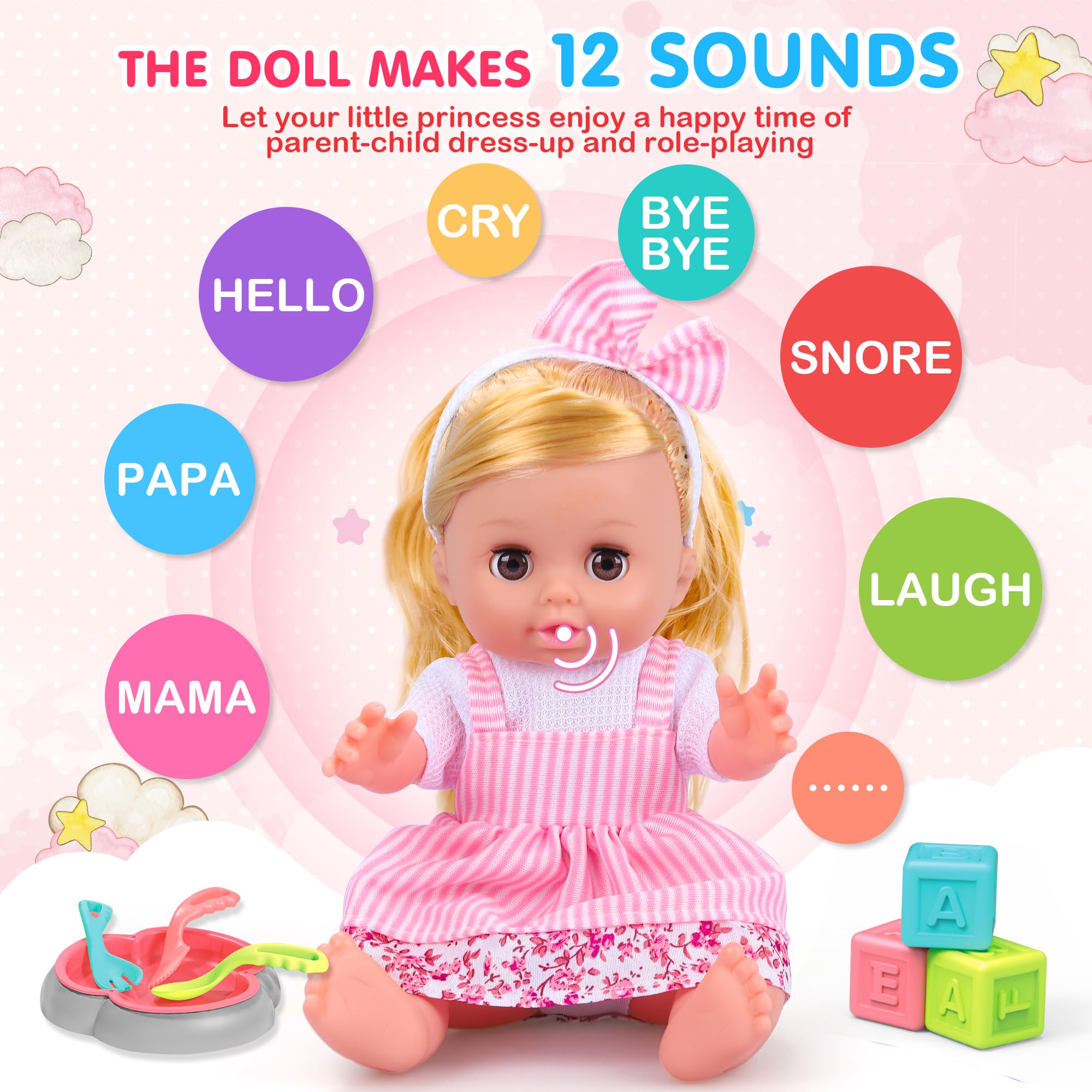 PROOU doll diaper and utensils for interactive caregiving pretend play