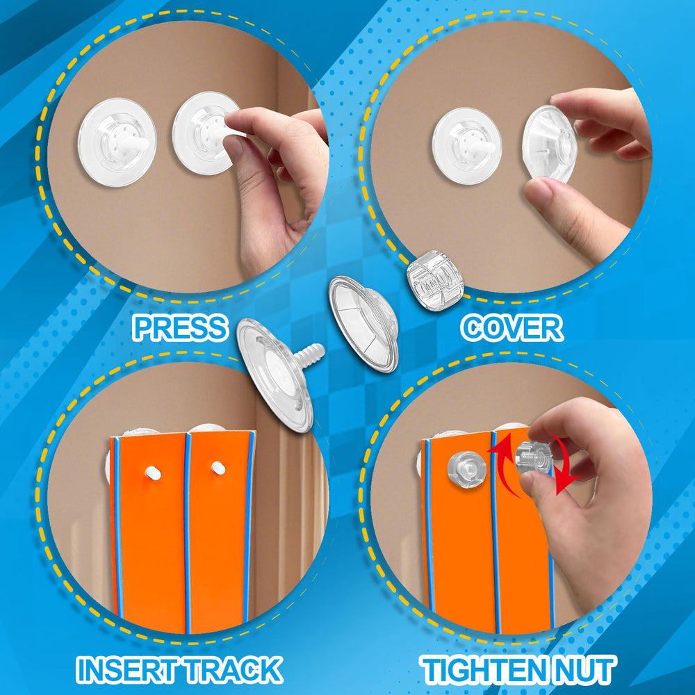 Prtneg suction cups secure track to smooth surfaces.