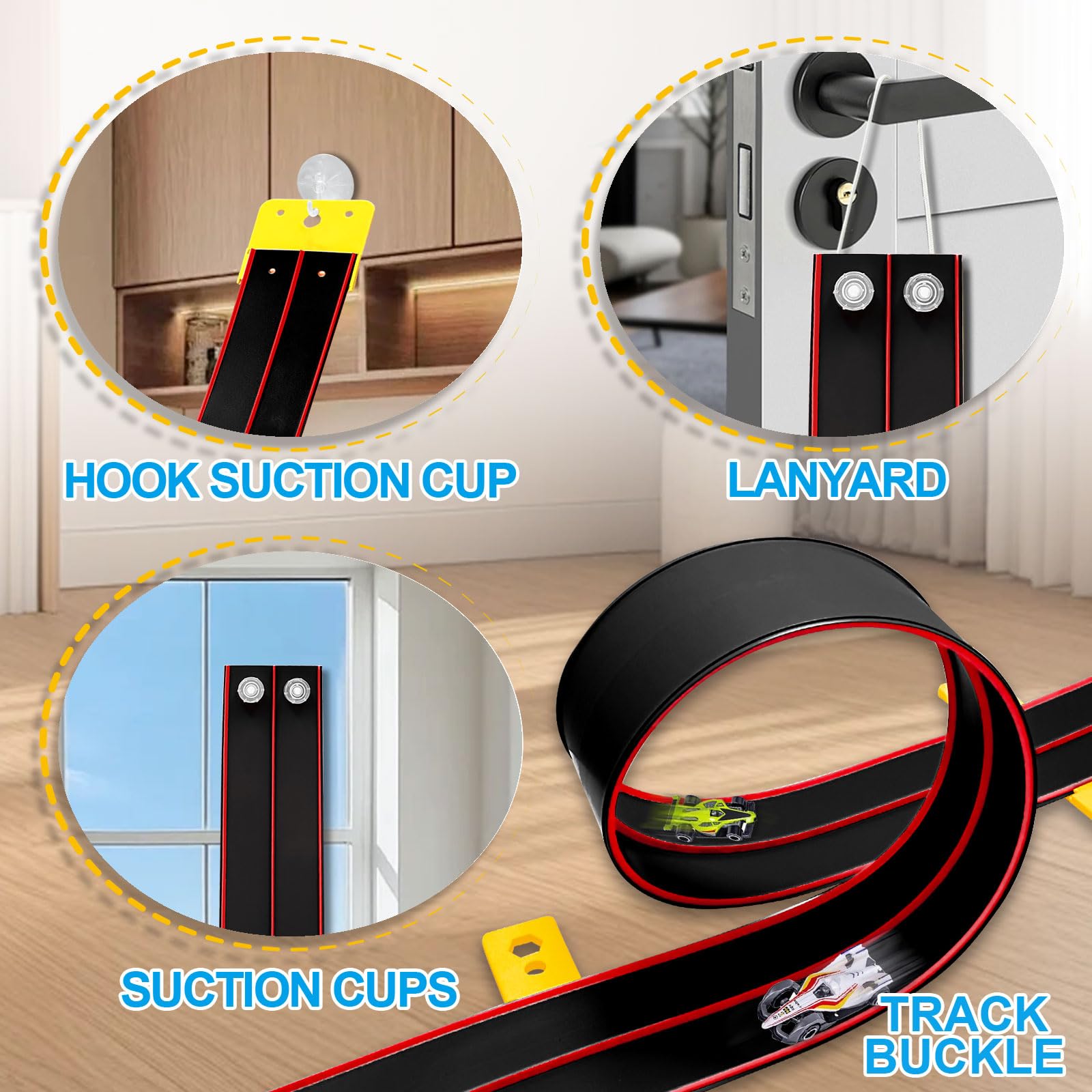 Prtneg ropes and clips allow angled tracks and gravity races.