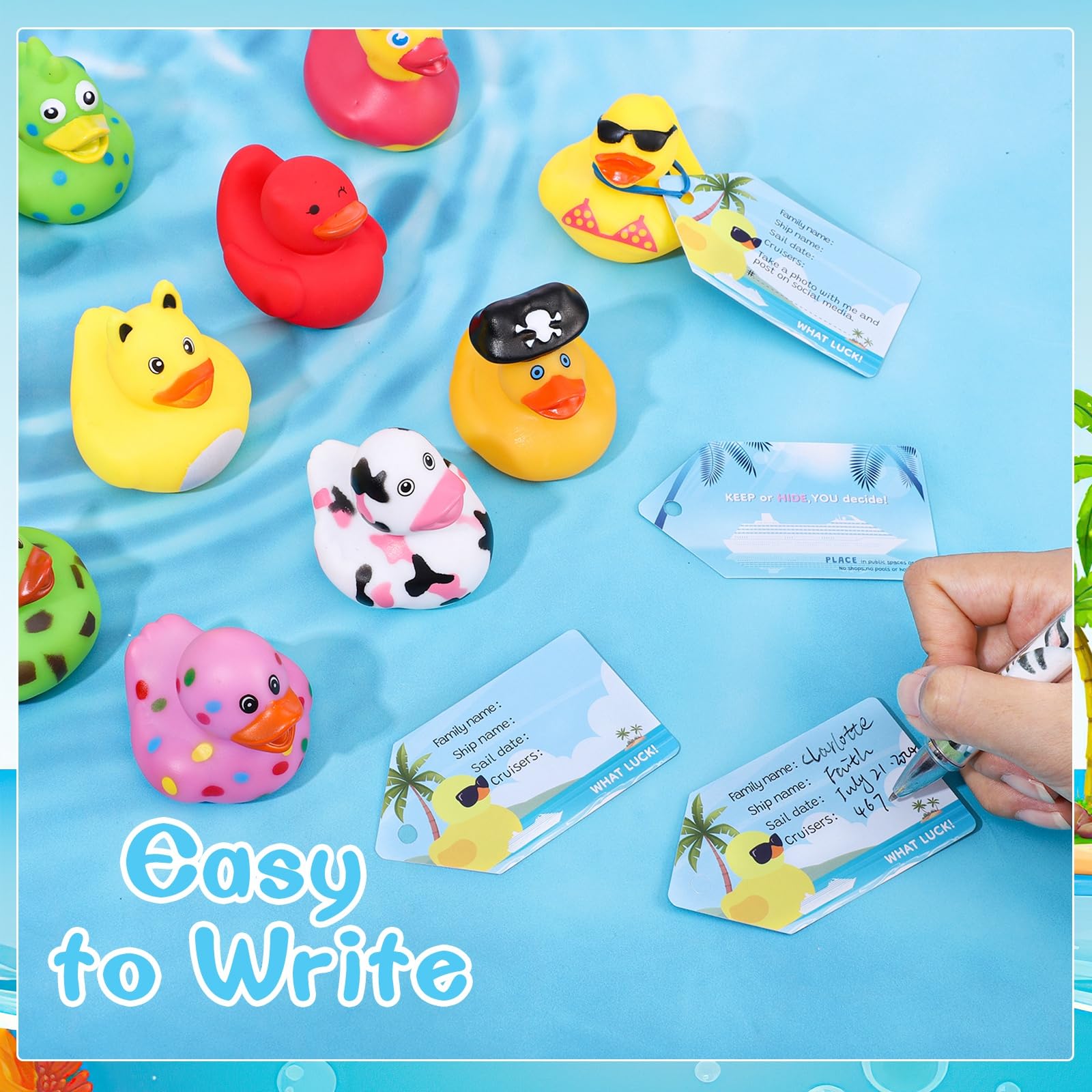 Prudiut rubber bands included to attach tags securely on ducks