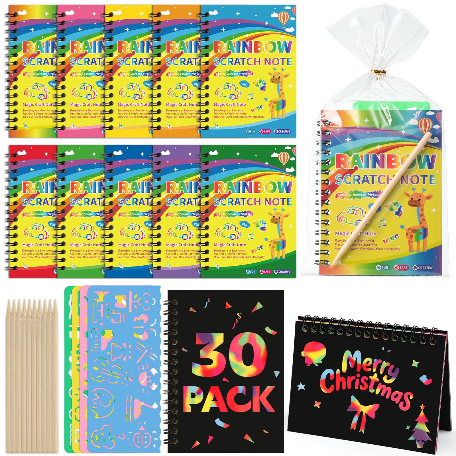 Prudiut rainbow scratch notebooks reveal vivid colors for creative art at home.