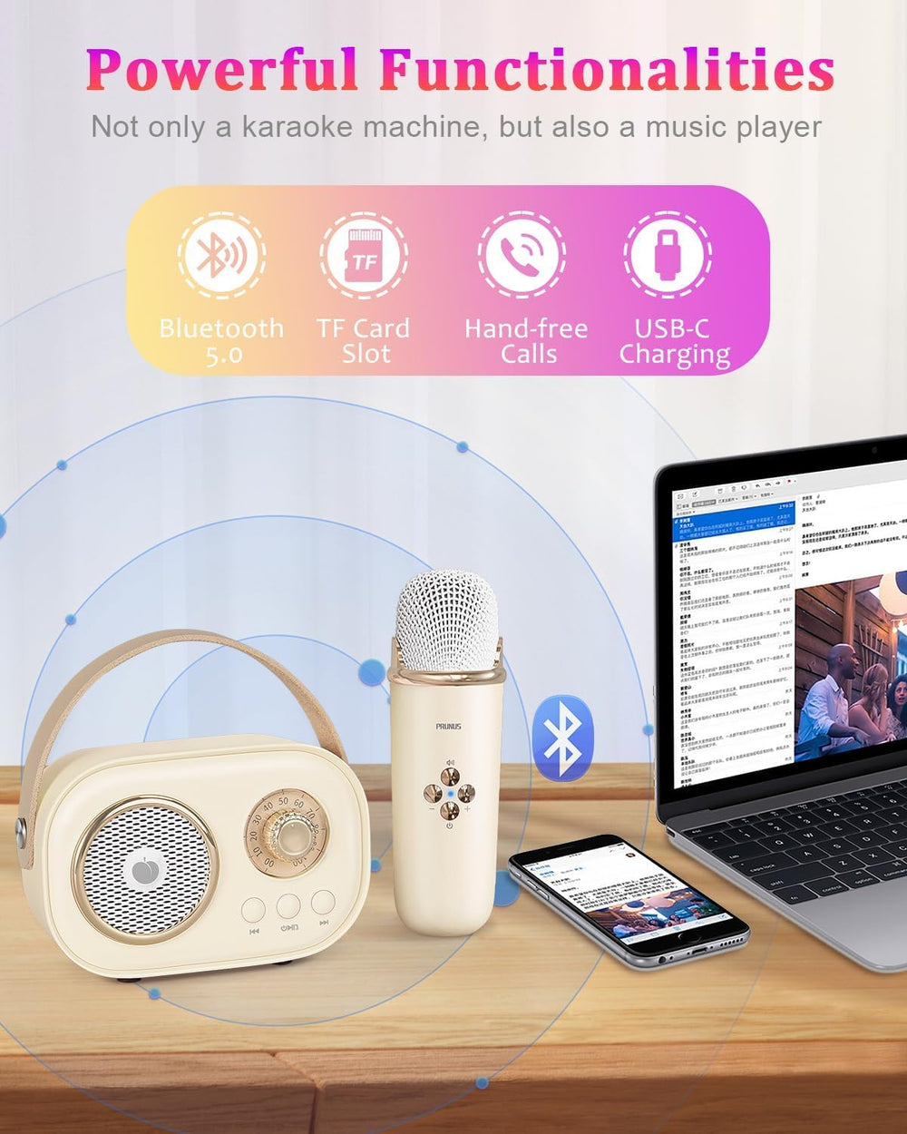 PRUNUS C20 Bluetooth connectivity for wireless playback from phone.