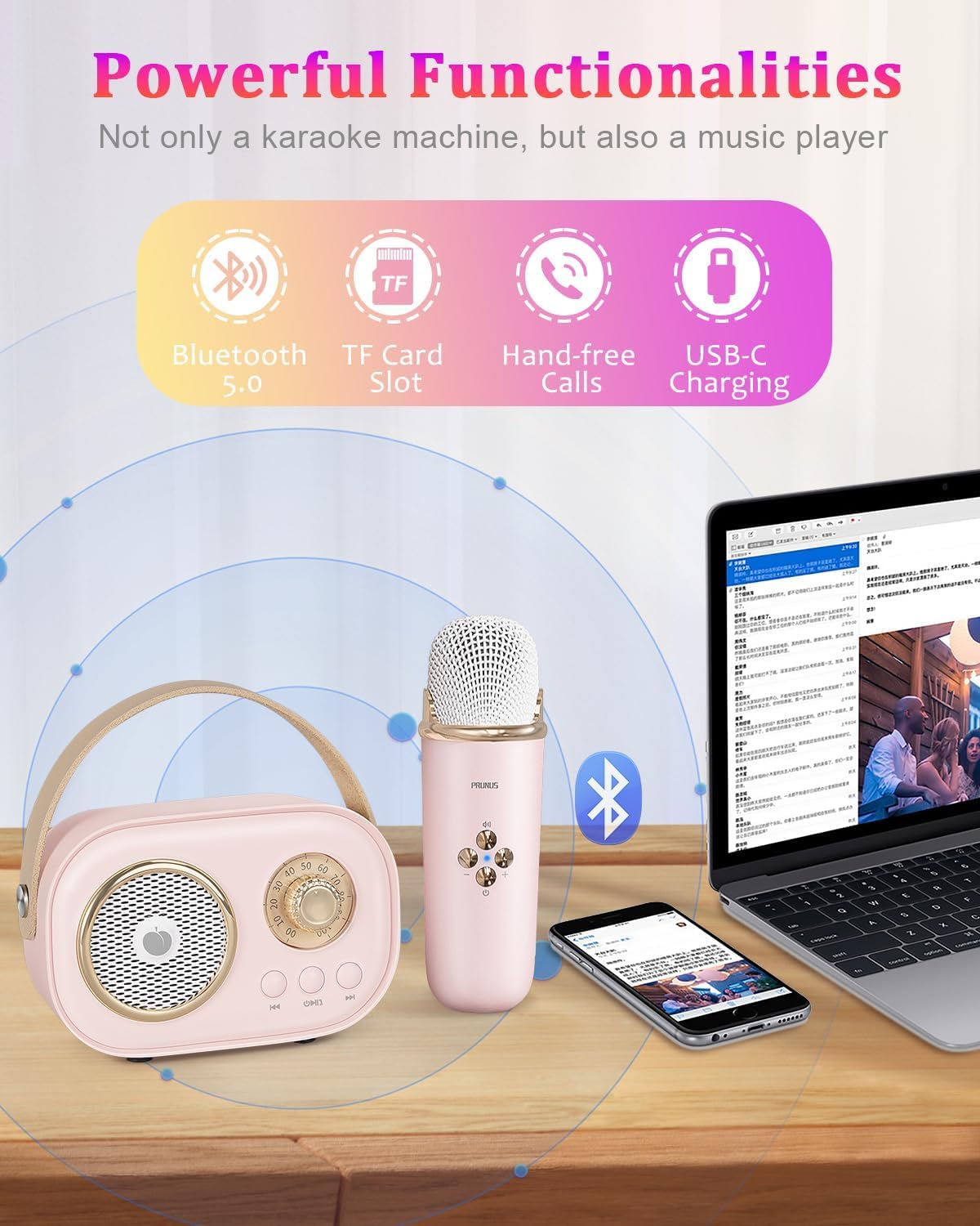 PRUNUS C20 mini karaoke machine dual mics setup for duet singing