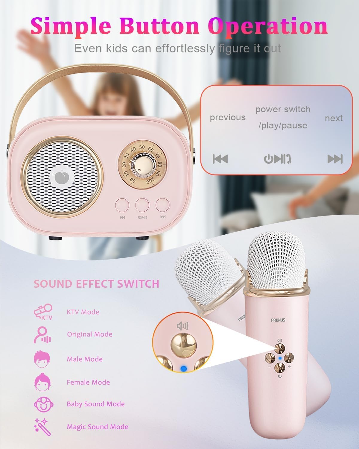 PRUNUS C20 mini karaoke machine on-table setup with two microphones