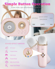 PRUNUS C20 mini karaoke machine on-table setup with two microphones