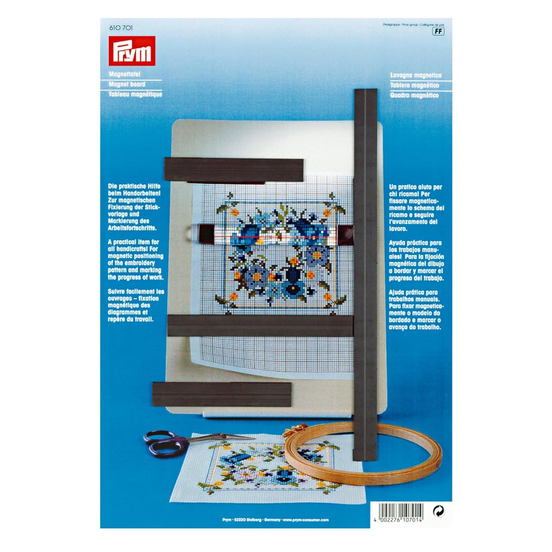 Prym magnet board for embroidery patterns keeps templates flat during stitching.