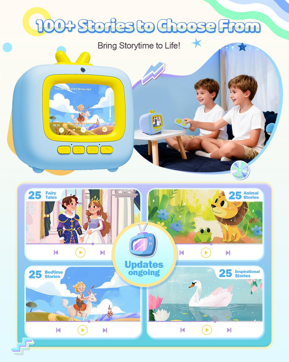 Prysyedawn Story Machine Kids Blue camera function captures playful moments for stories.