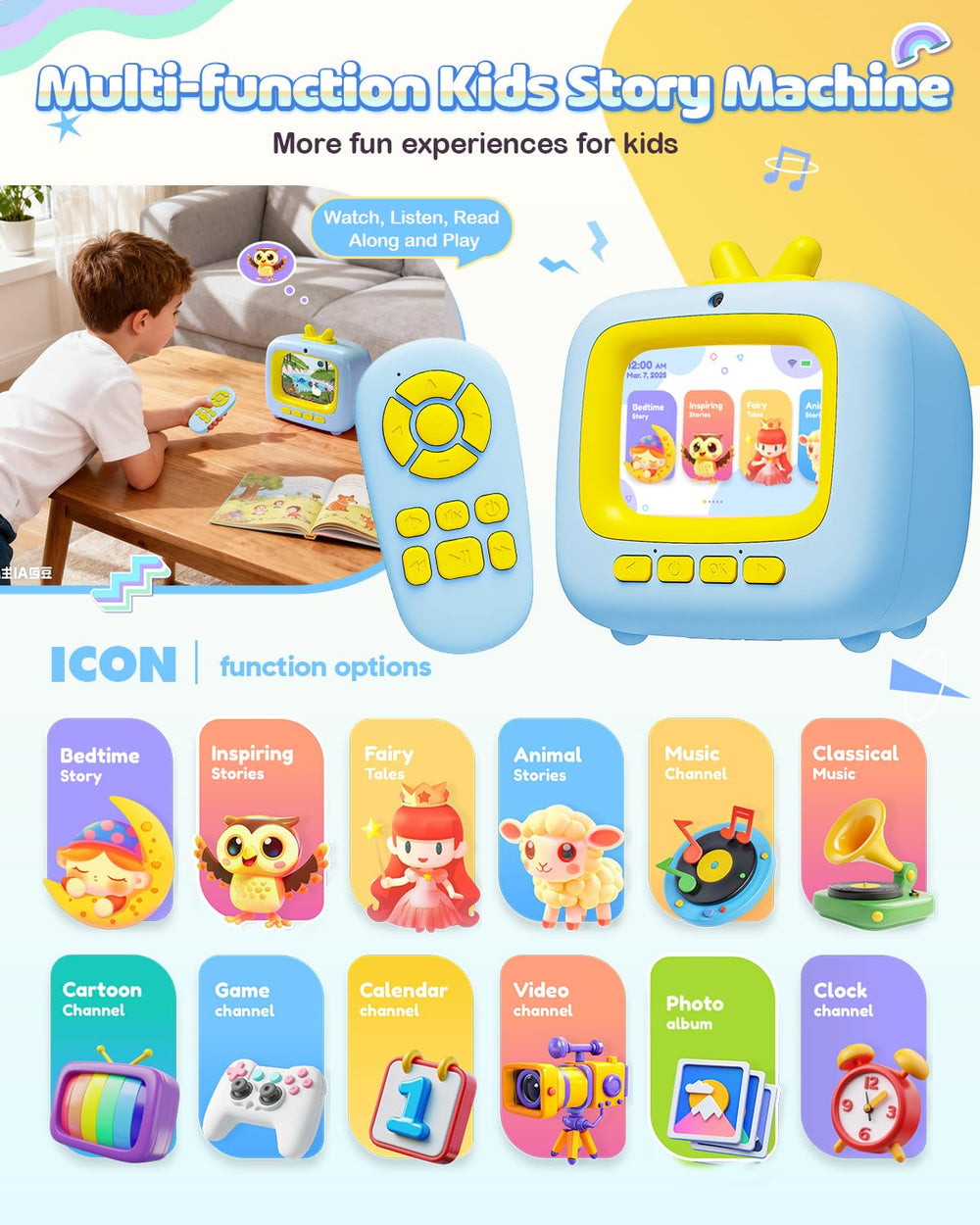 Prysyedawn Story Machine Kids Blue screen display highlights 100+ stories and multimedia content.