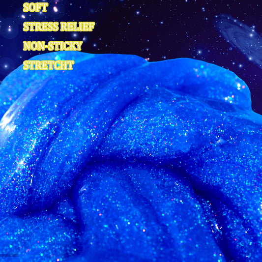 PTFVTN blue galaxy slime close-up shows soft non-sticky texture