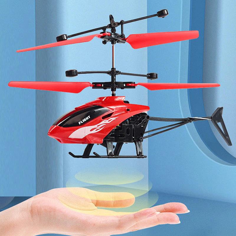 PTGHT gesture-sensing helicopter red, side view showing compact indoor flyer