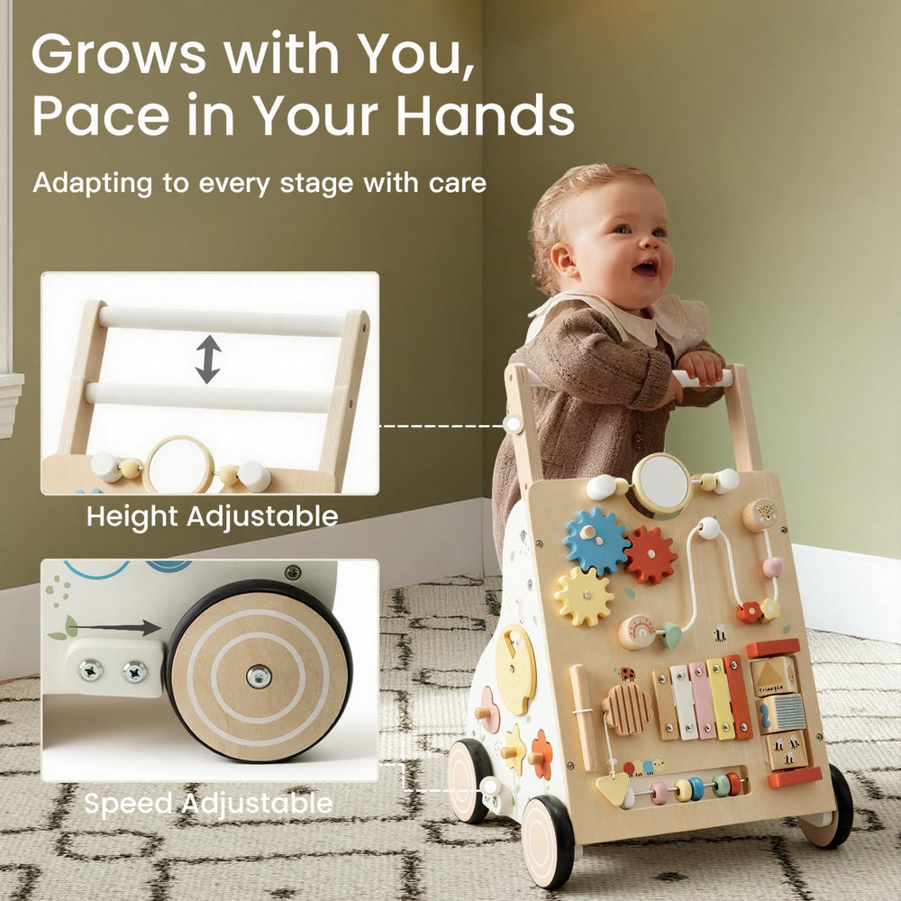 PTINFLUCE wooden walker with adjustable height and speed supports a safe learning pace