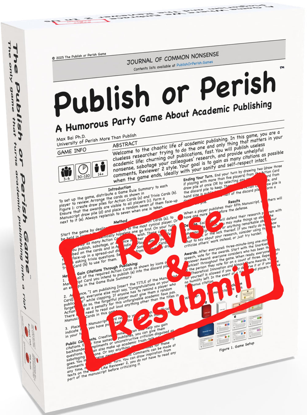 Publish or Perish game box on table, ideal for lively academic gatherings.