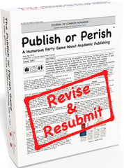 Publish or Perish game box on table, ideal for lively academic gatherings.