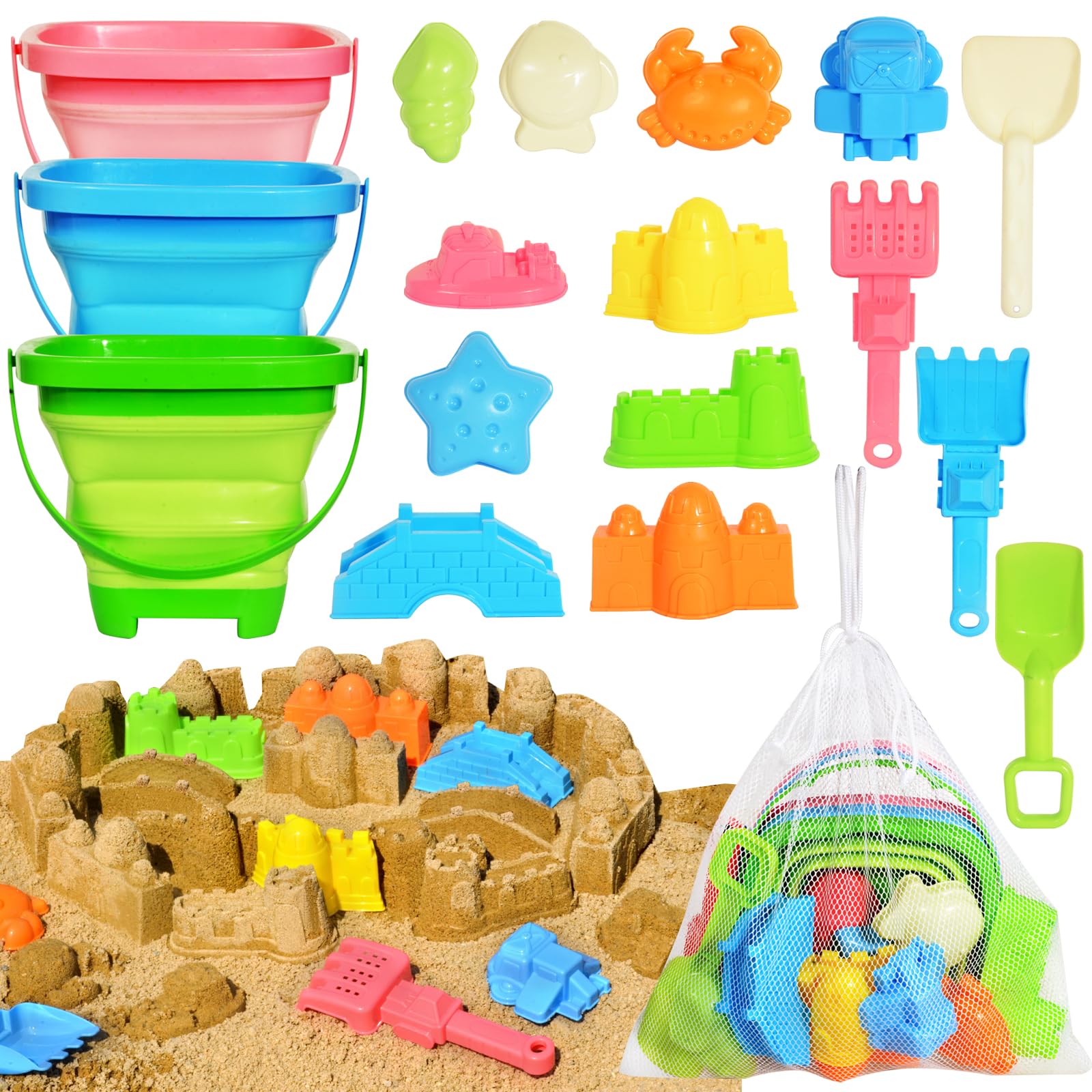 PUBUBLLE collapsible beach buckets in a 3-pack for compact storage.