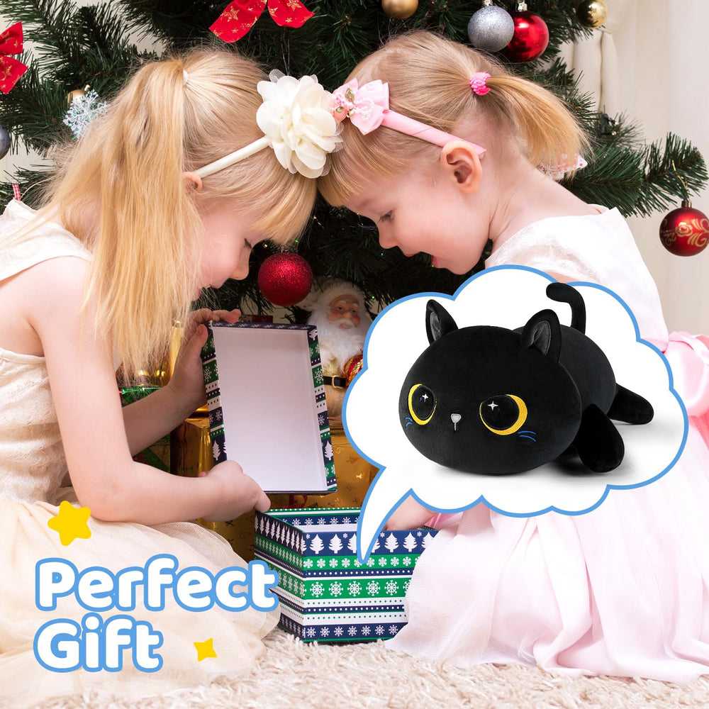 Puffpals weighted plush cat resting on a lap for warmth