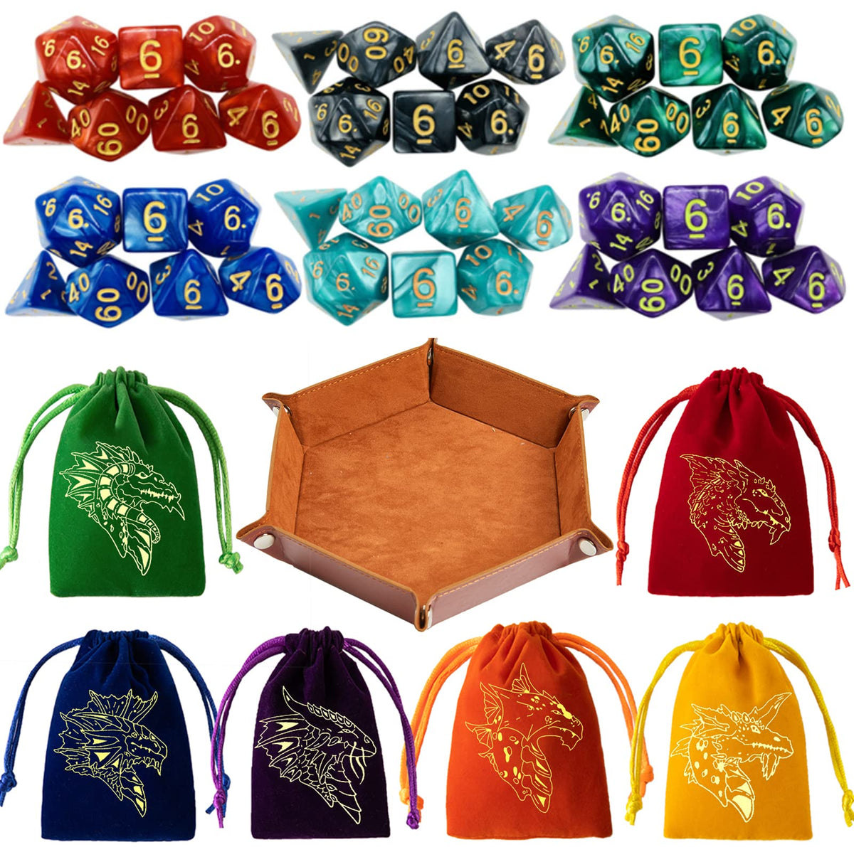 PUGED DND dice set collection with six polyhedral sets and bold numerals for easy reading.