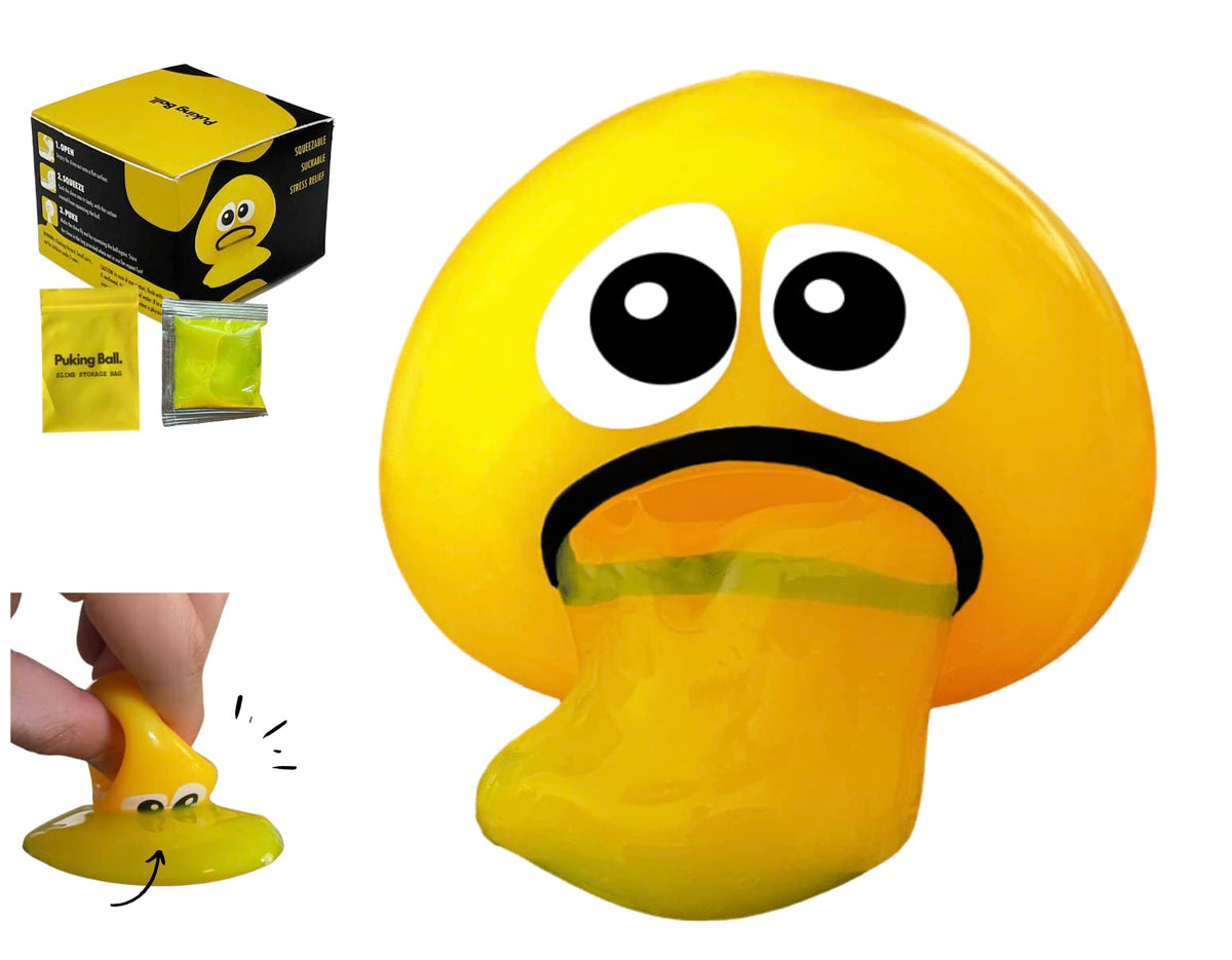 Puking Ball stress ball in hand for focus during tasks.