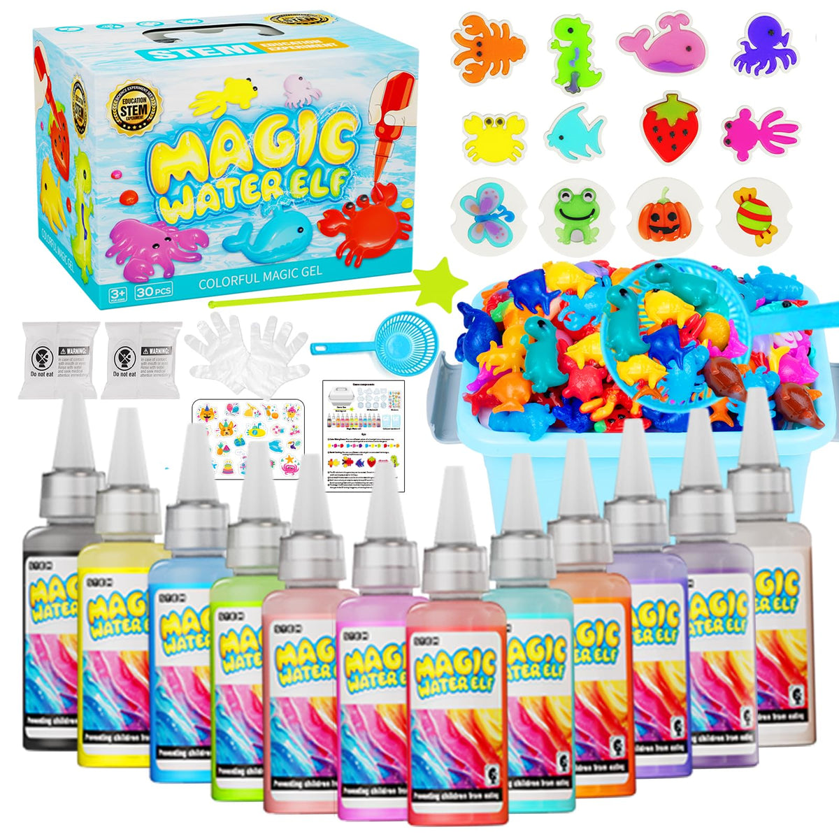PULASIDO Magic Water Elf Kit with colorful gels and molds for creative play.