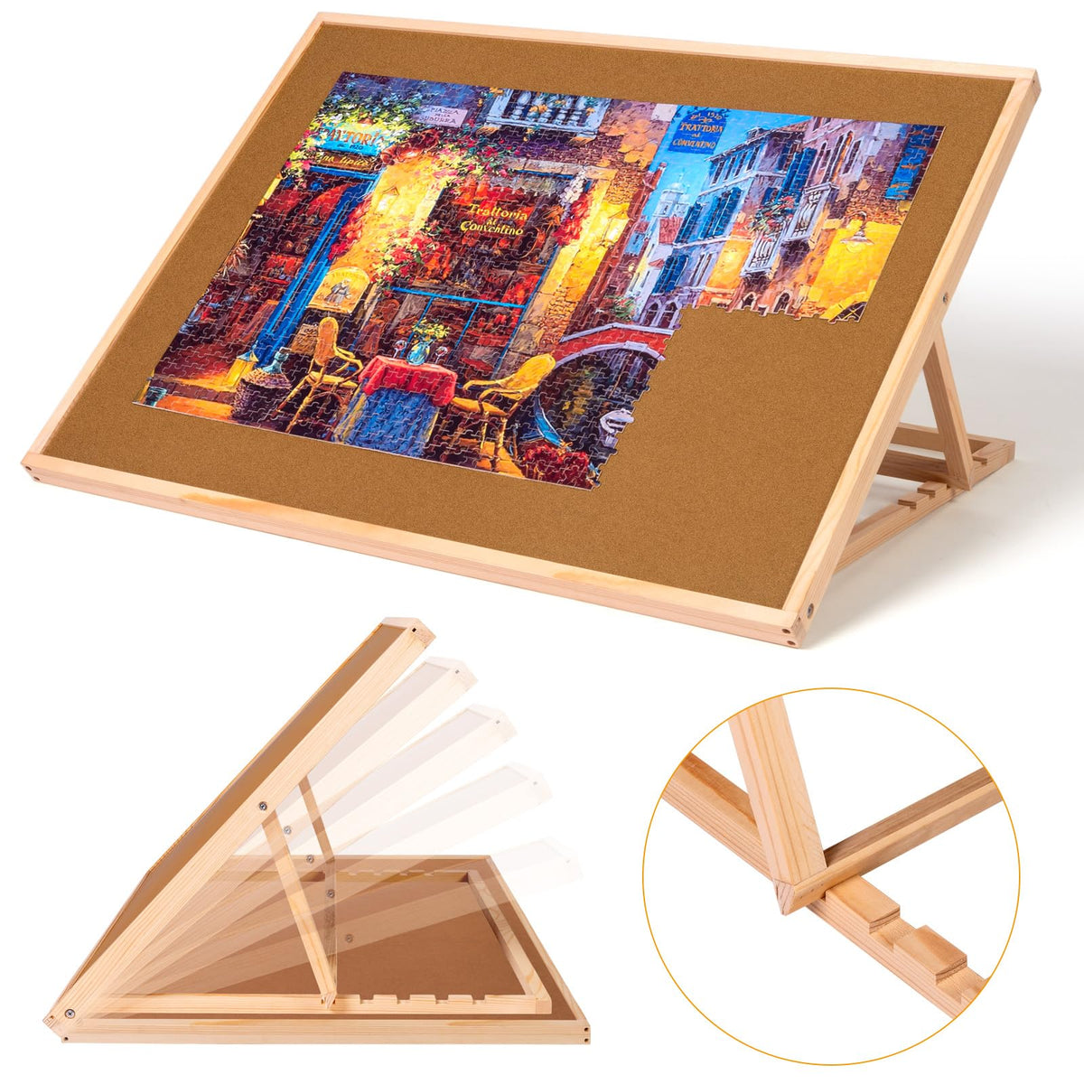 Pulchra puzzle board with folding legs for versatile puzzling on any surface.