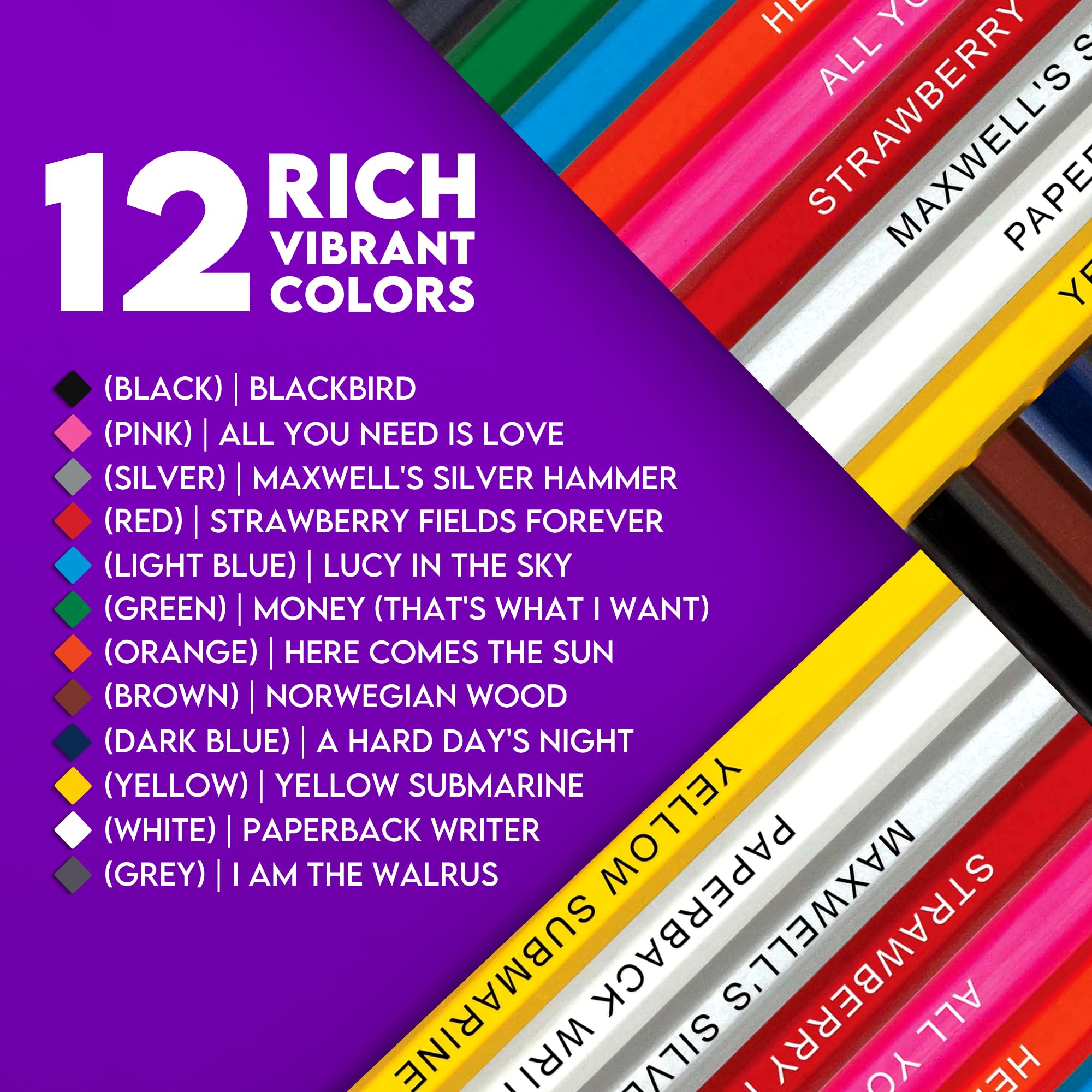 Pun Labs Colours pencil set with foil stamps for vibrant Beatles-themed art.