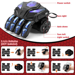Punieayi 360° rotating double‑sided spider car performs dramatic stunts.