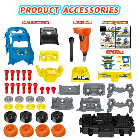 Pup Go tools included with blue construction car for realistic assembly.