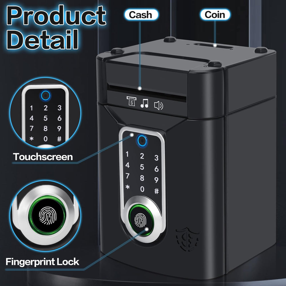 Pupidiu fingerprint piggy bank coin slot close-up highlights easy cash insertion.