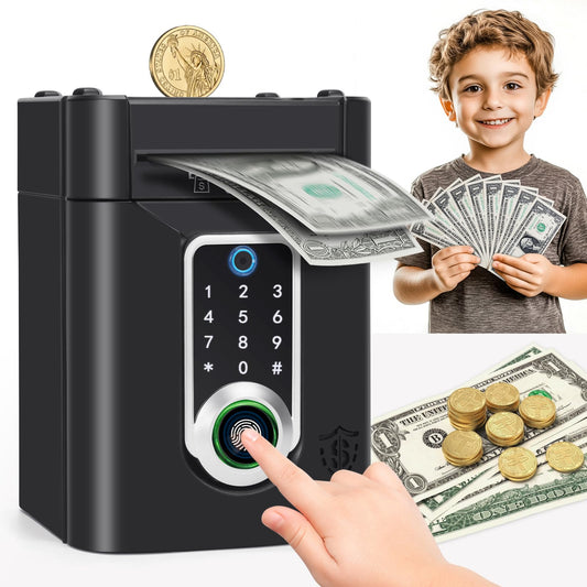 Pupidiu fingerprint piggy bank front view, an inviting design encouraging kids to save.