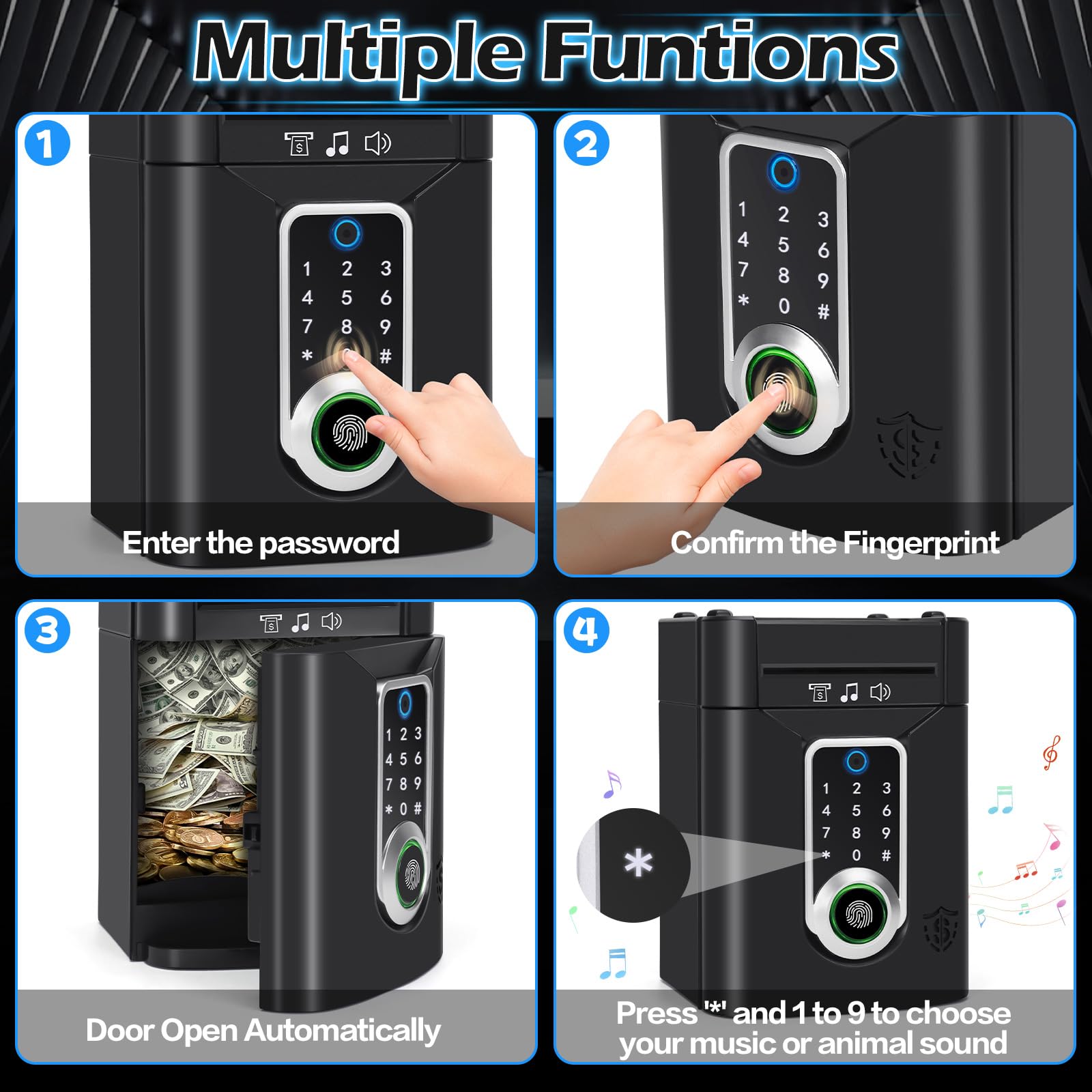 Pupidiu fingerprint piggy bank interior capacity shows space for coins and notes.