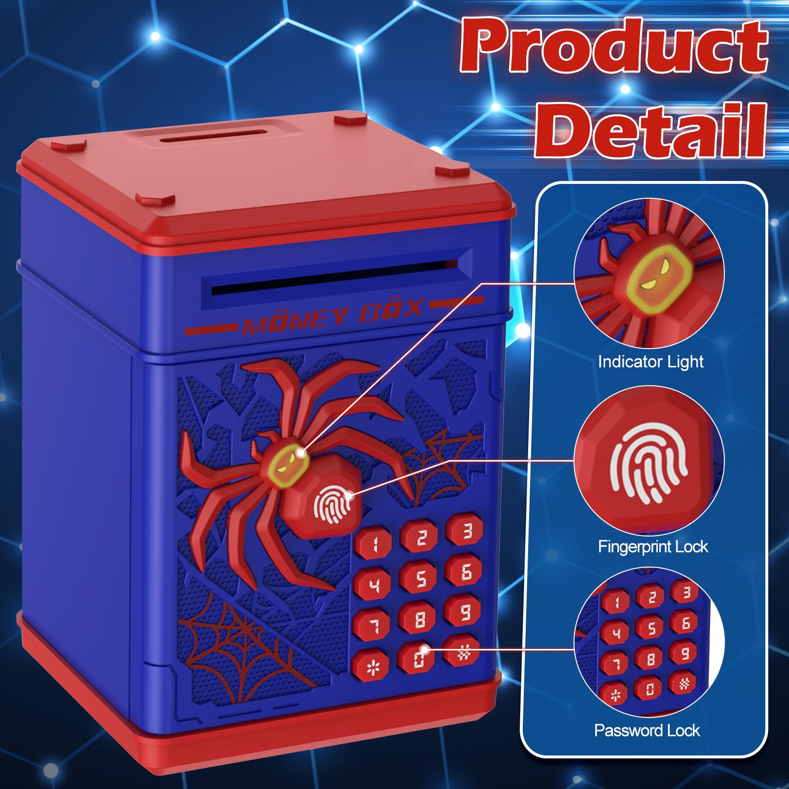 Pupidiu Spider Fingerprint Bank head lights up after password input.