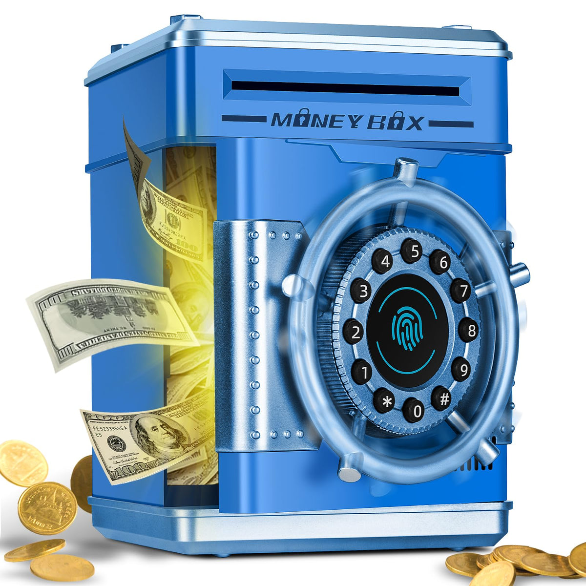 Pupidiu piggy bank fingerprint lock showing secure kid savings access.