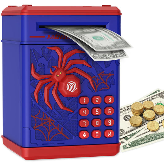 Pupidiu Spider Fingerprint Piggy Bank blue with glowing head for exciting savings.