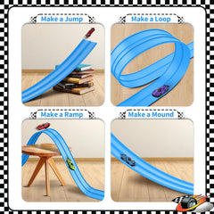 Puppiluv track compatible with 1/64 diecast cars for versatile racing.