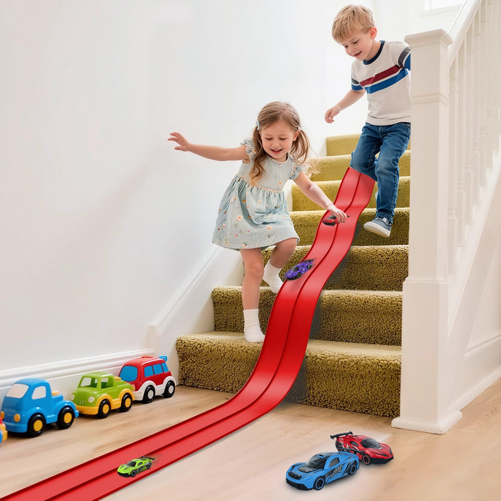 Puppiluv dual-track setup with diecast cars enabling head-to-head play
