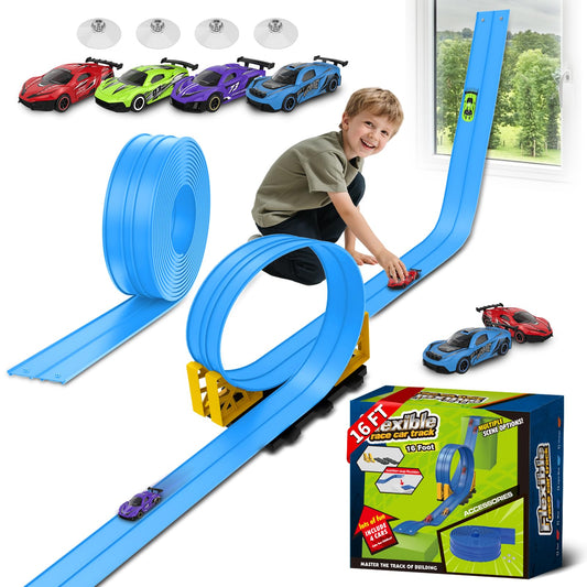Puppiluv Flex Race Track 16 ft laid on a table for creative speed layouts.