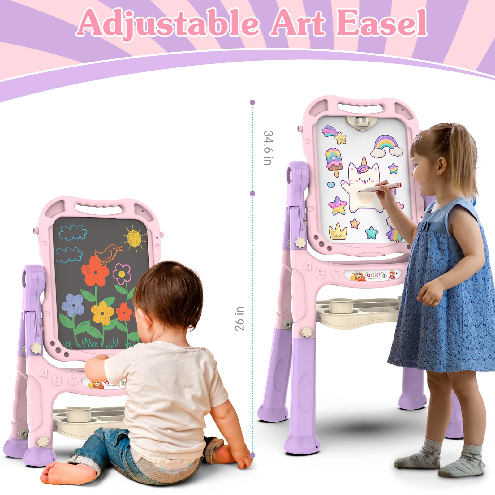 PUPPSITTY art easel shows 360-degree rotation for versatile drawing from any angle.