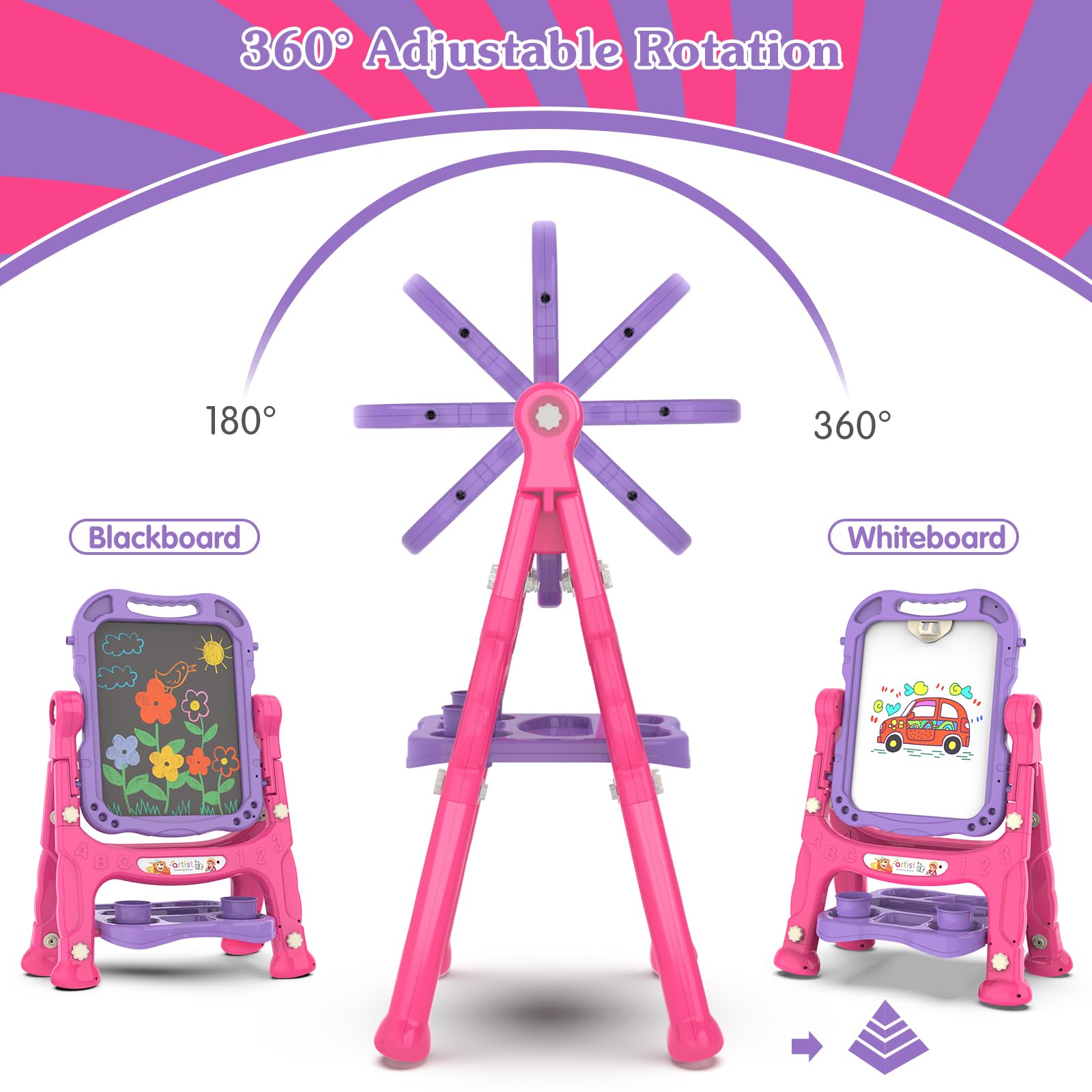 PUPPSITTY Art Easel 360° rotation enables flexible art angles.