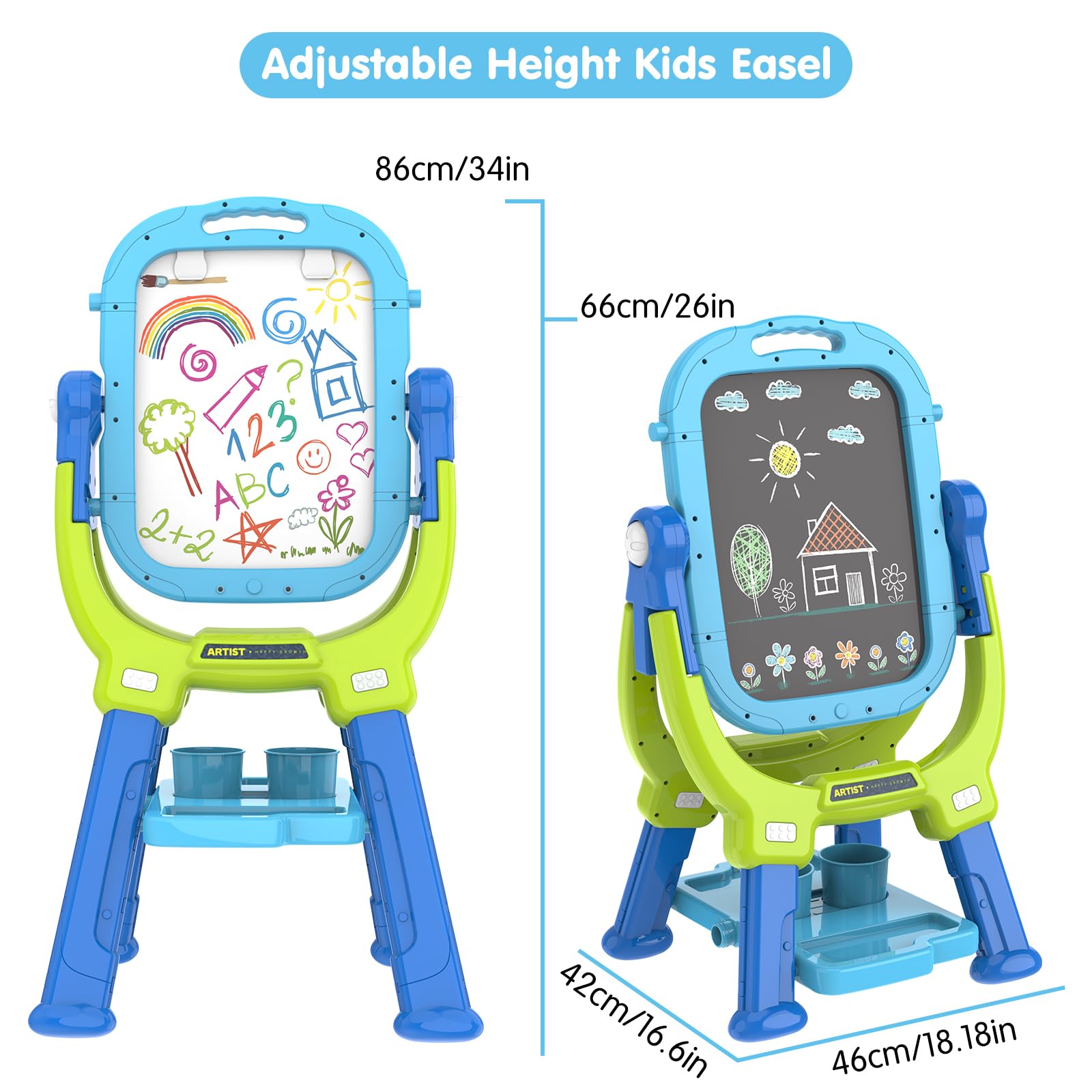 PUPPSITTY easel in blue-green, adjustable height from 26 to 34.6 inches.