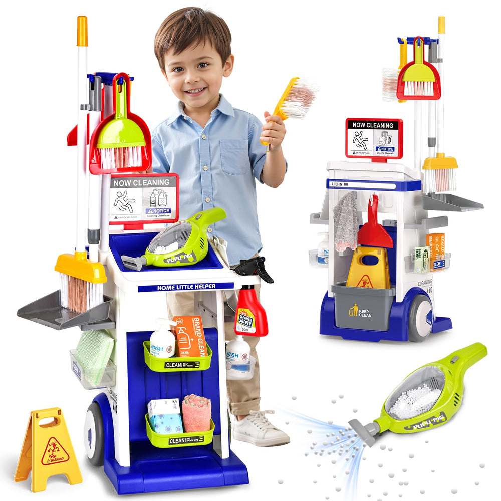 Pupu Pig Kids Cleaning Cart blue for imaginative pretend play and role modeling.