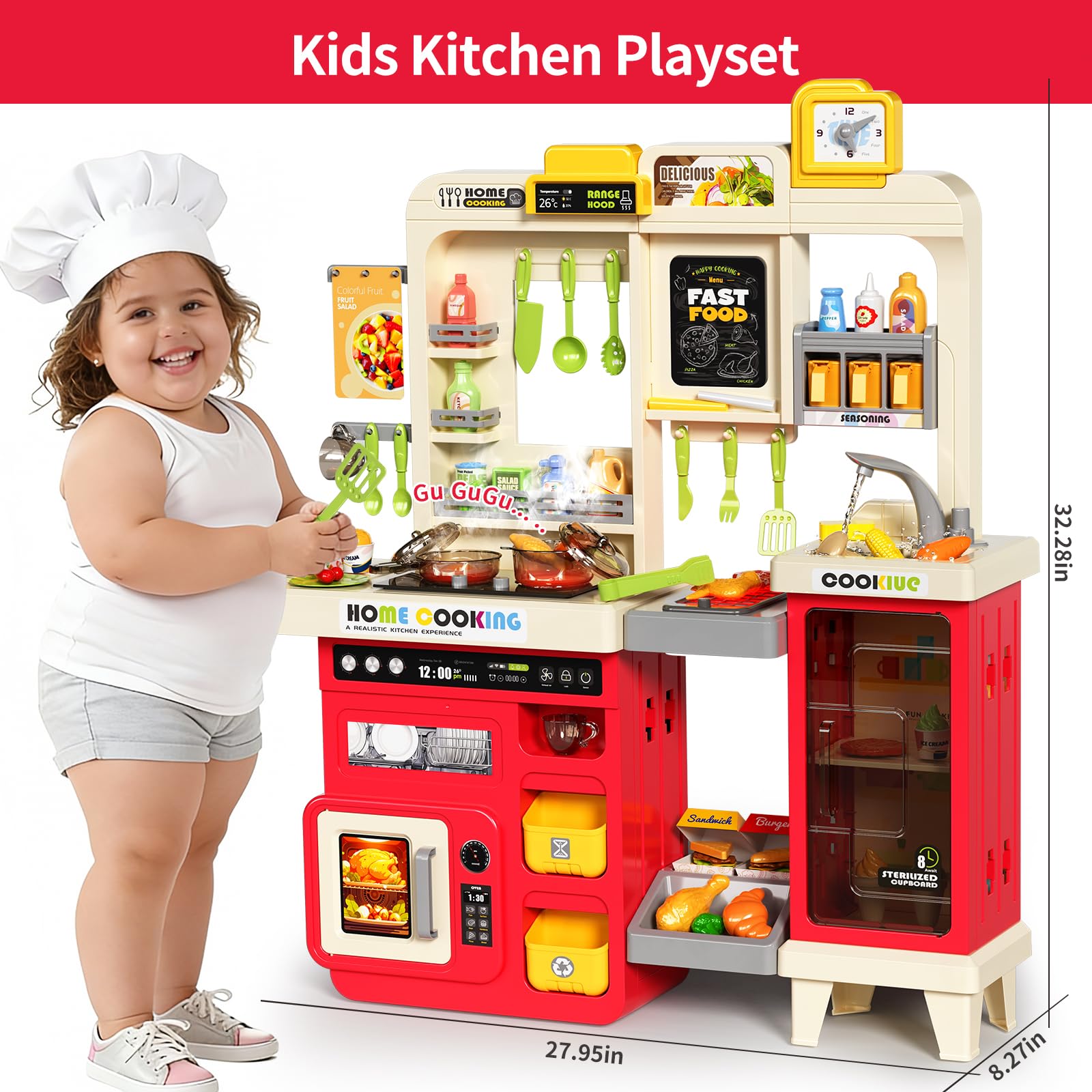 Pupu Pig kids kitchen dimensions help fit into playrooms and setup.
