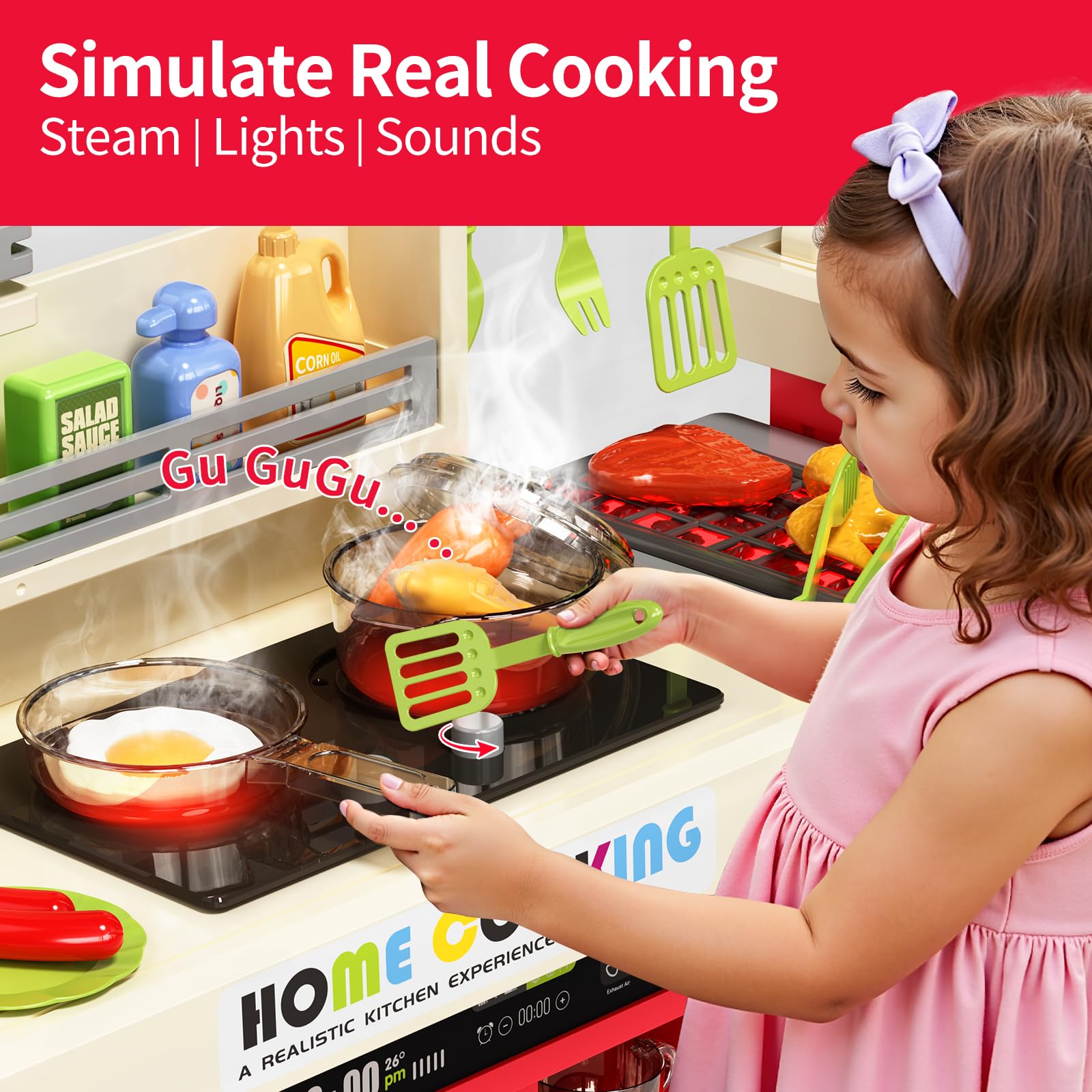 Pupu Pig playset grill with flickering lights enhances pretend barbecue play.