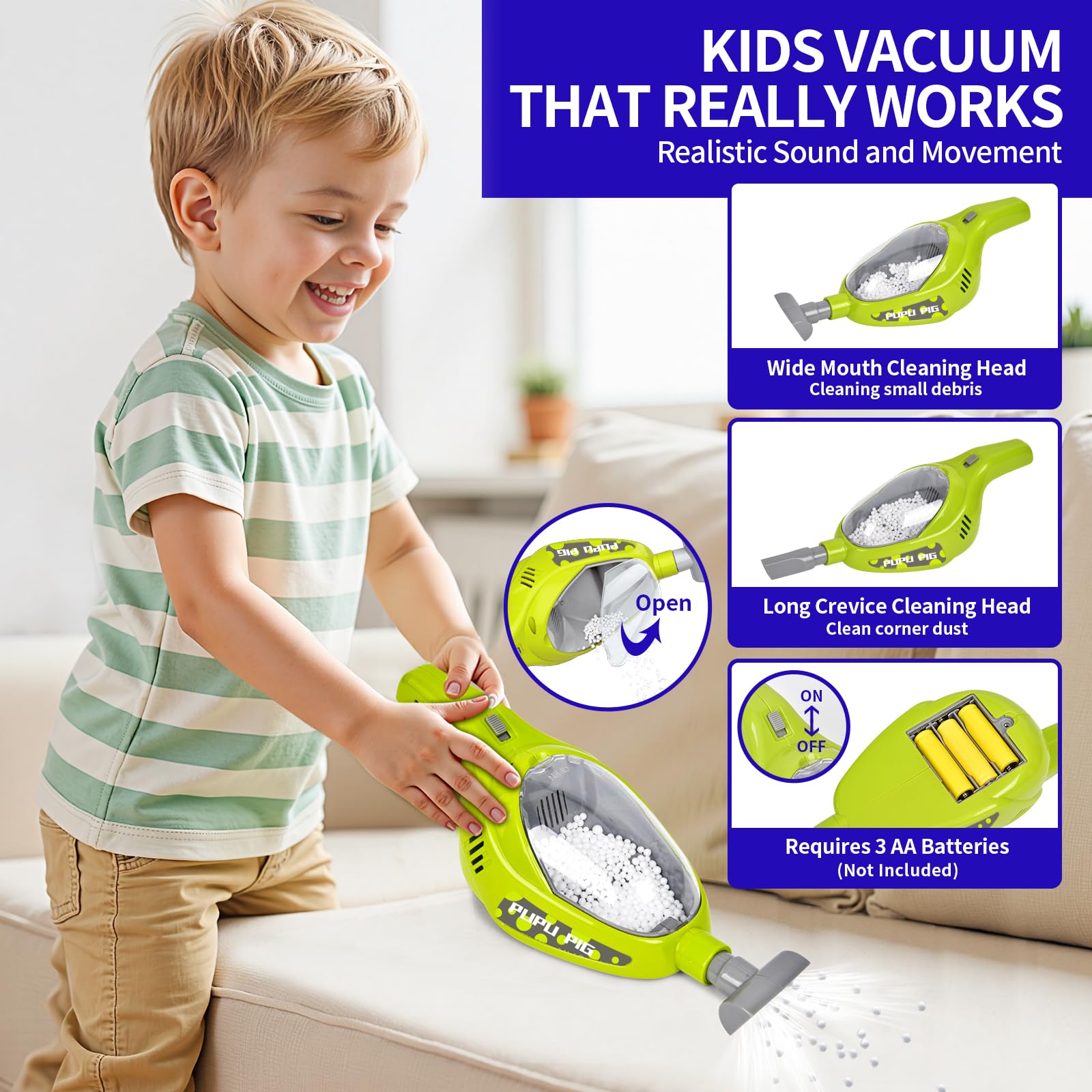 Pupu Pig Kids Vacuum Blue with working suction for engaging cleanup play and motor skills.