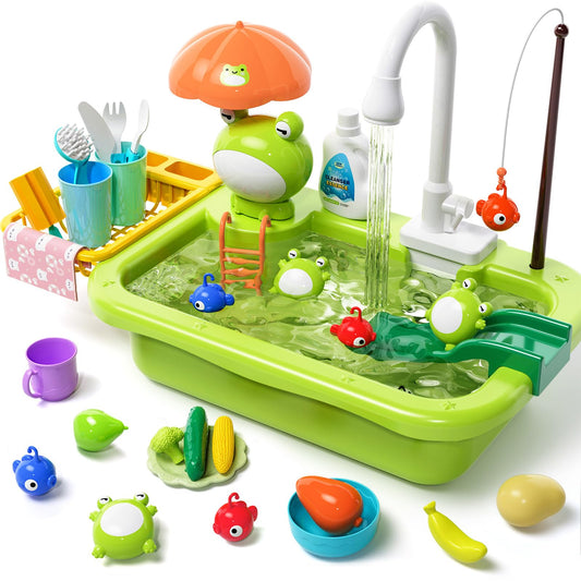 Pupu Pig play sink with running water showing realistic faucet action for imaginative kitchen play