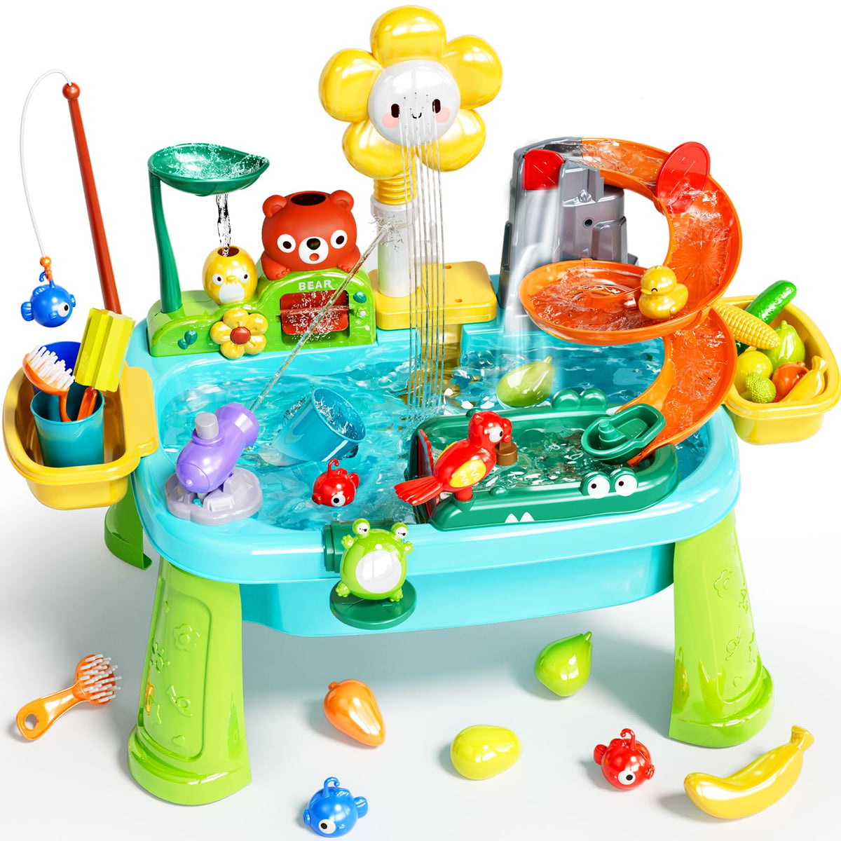Pupu Pig Water Table faucet 360-degree demonstrates rotating water flow for imaginative play